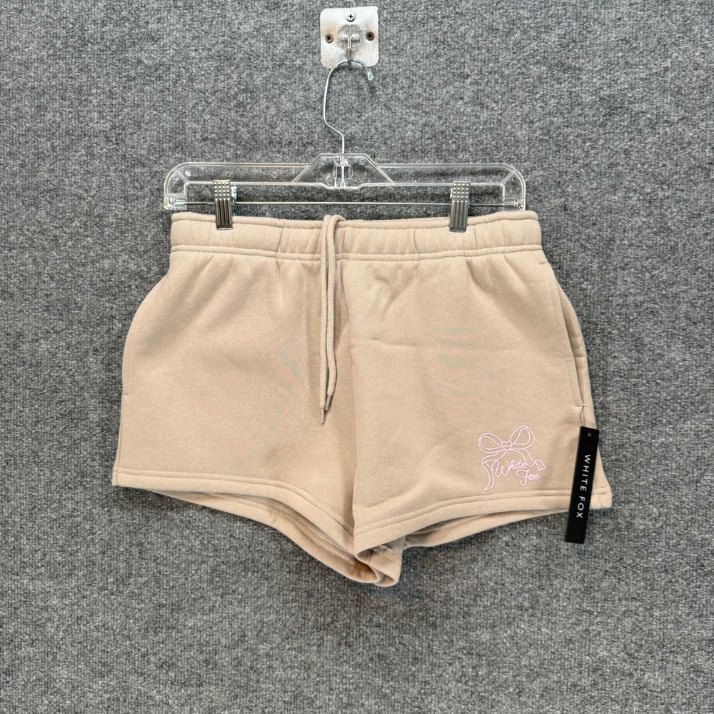 White Fox Sweat Shorts Womens Small Tan Pink Bow Fleece‎ Stretch Waist NEW